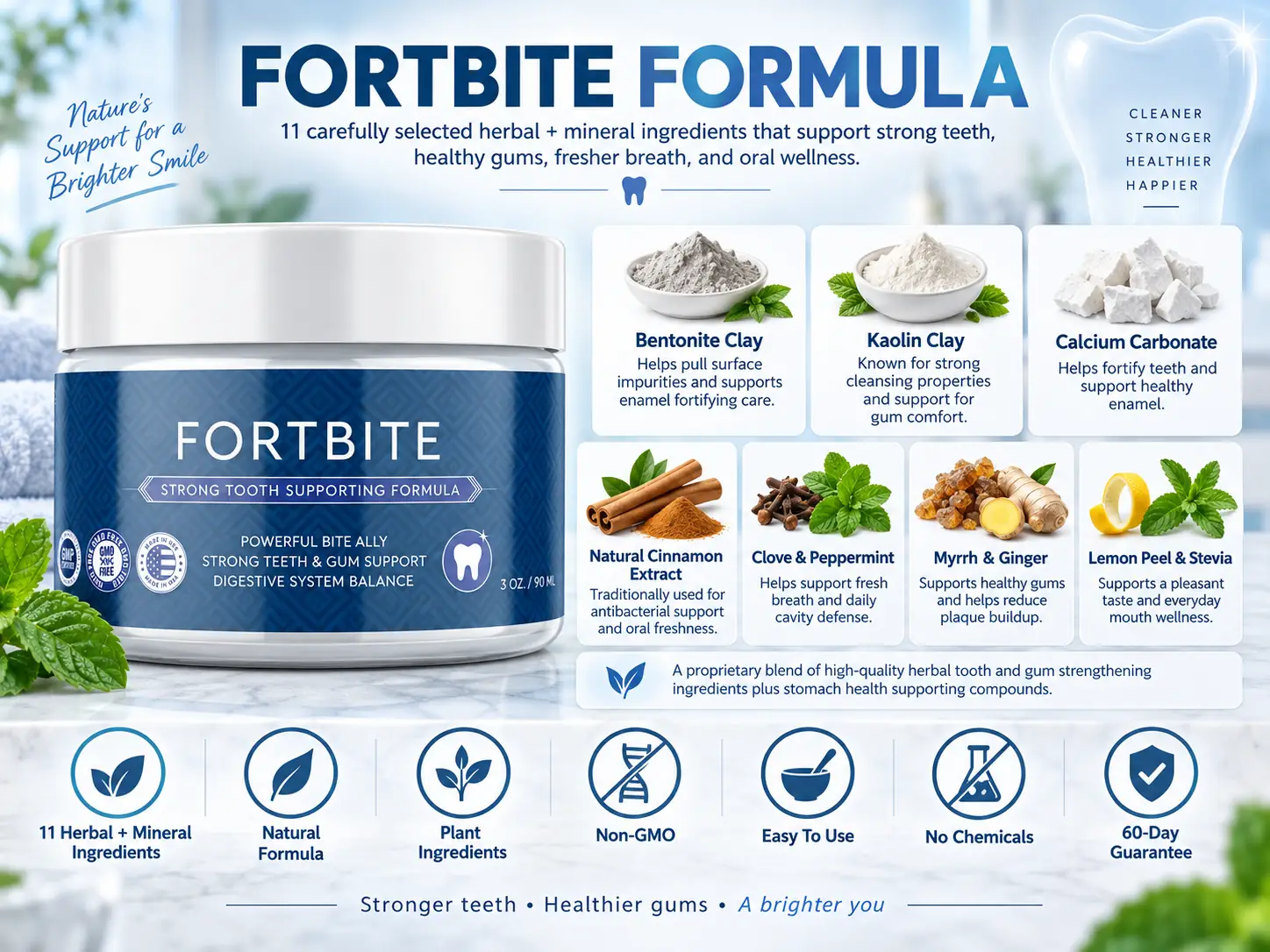 FortBite 11 ingredient formula: Bentonite Clay, Kaolin Clay, Calcium Carbonate, Cinnamon Extract, Clove and Peppermint, Myrrh and Ginger, Lemon Peel and Stevia